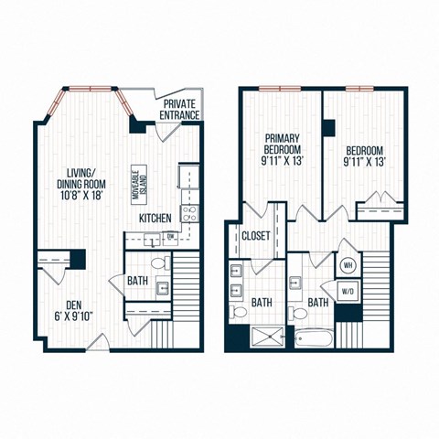 Floor plan for 2 beds, 2.5 baths, 1390 sqft